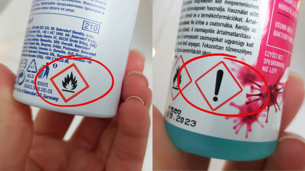 Výstražné symboly plameňa a výkričníka na kozmetike upozorňujúce na horľavosť a ďalšie riziká produktu