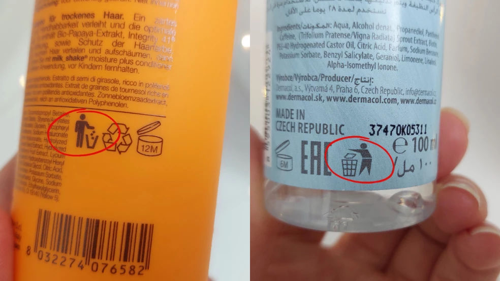 Symbol Tidyman – panáčik pri koši na kozmetickom obale upozorňujúci na správne vyhodenie obalu do odpadu