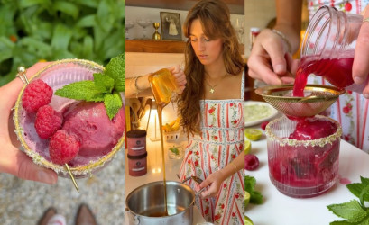 Letný nealkoholický mocktail s mätovým sirupom a malinovým sorbetom
