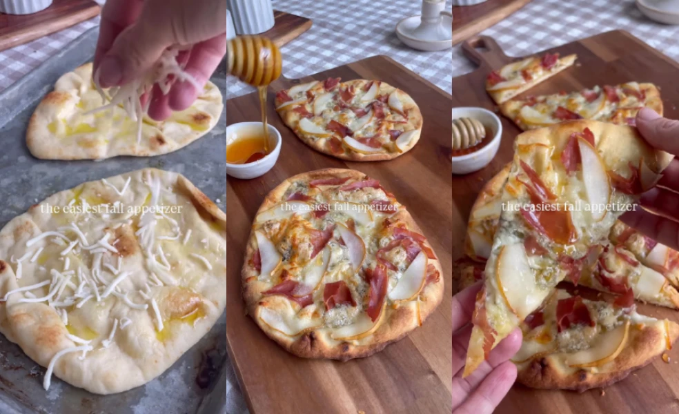 flatbread s gorgonzolou, prosciuttom a hruškou