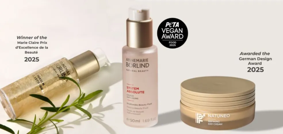 Produkty Annemarie Börlind ocenené v roku 2025 – Elastin Shake, System Absolute sérum a Natuneo denný krém.