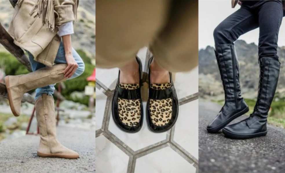 Žena v jesennom outfite kráča mestom v semišových barefoot čižmách SHAPEN