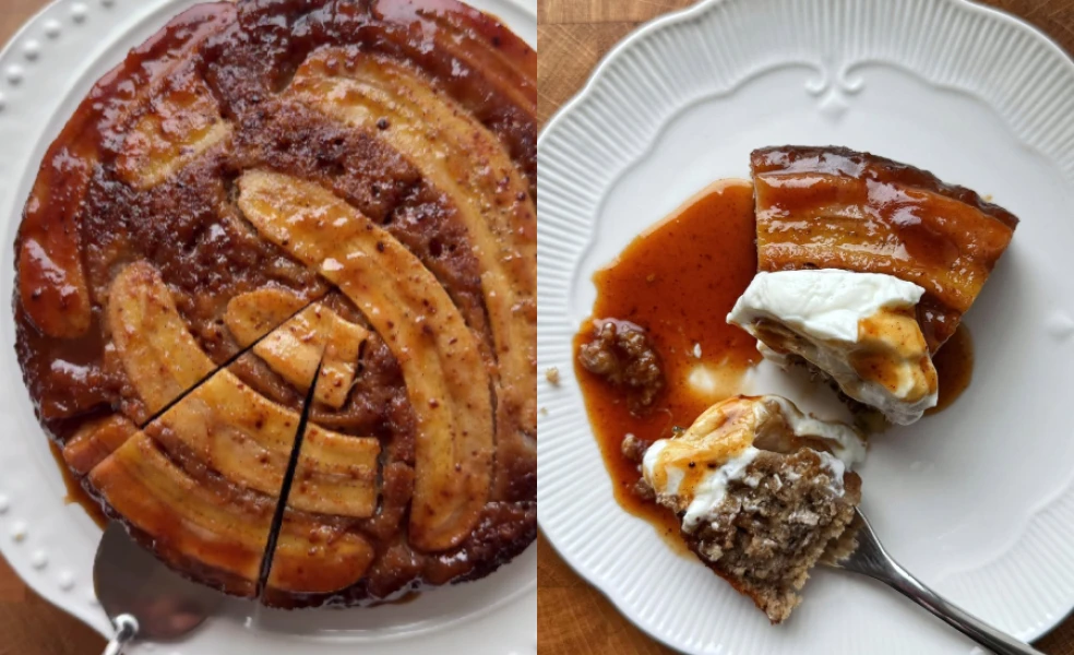 obrátený banánový koláč s miso pastou