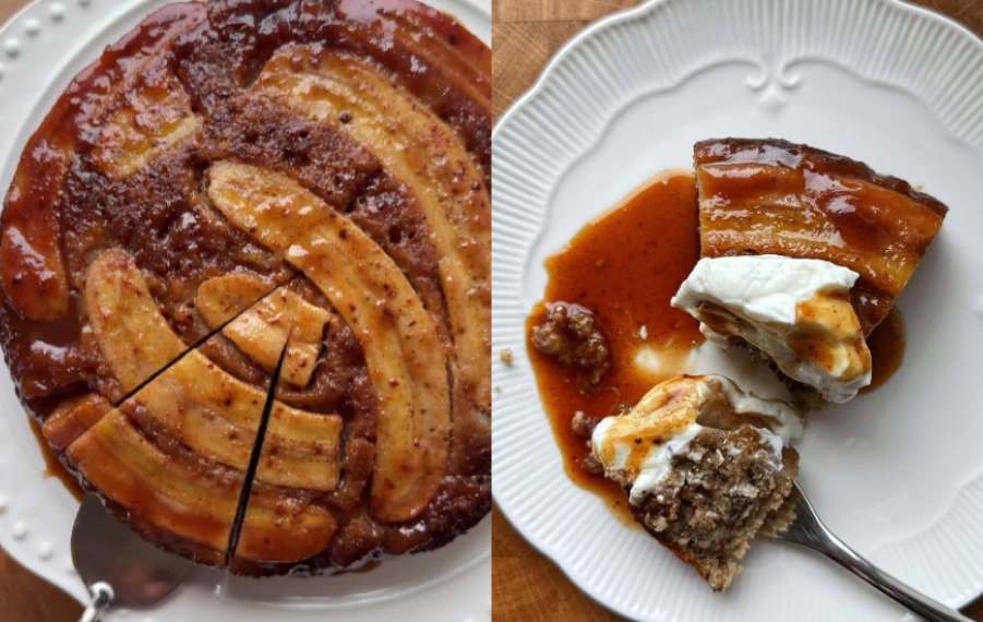 obrátený banánový koláč s miso pastou