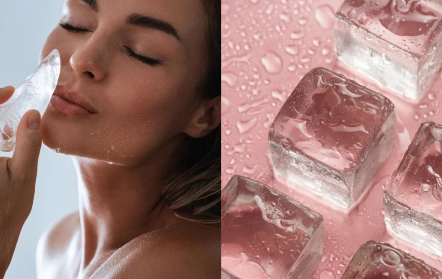 Ice facial žena si prikladá ľad na pleť ako súčasť rannej skincare rutiny