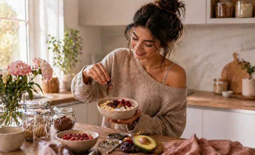 žena pripravuje zdravé raňajky s jogurtom, ovocím a semienkami v svetlej kuchyni