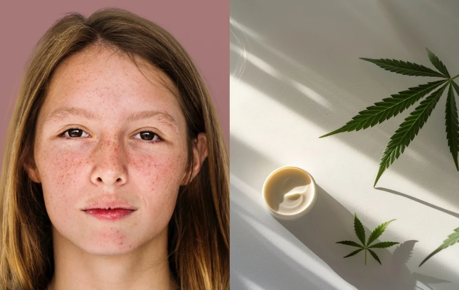 marihuana a pleť – žena s konope listom pri tvári, ilustračný obrázok k článku o vplyve THC a CBD na akné, vrásky a stav pokožky