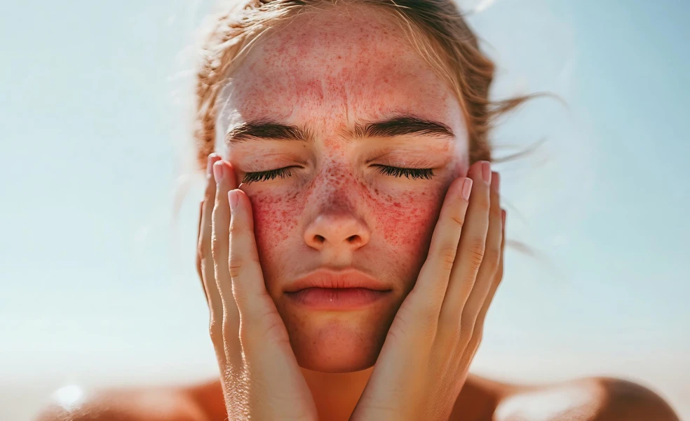rosacea v lete – detail tváre s začervenanou pleťou, ilustračné foto k článku o rosacei, SPF a teple