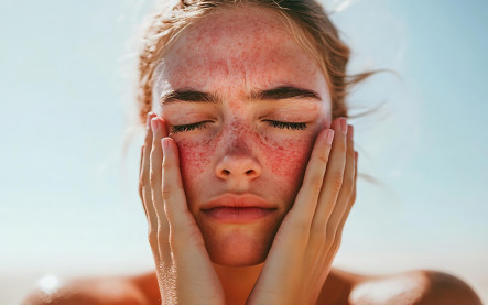 rosacea v lete – detail tváre s začervenanou pleťou, ilustračné foto k článku o rosacei, SPF a teple