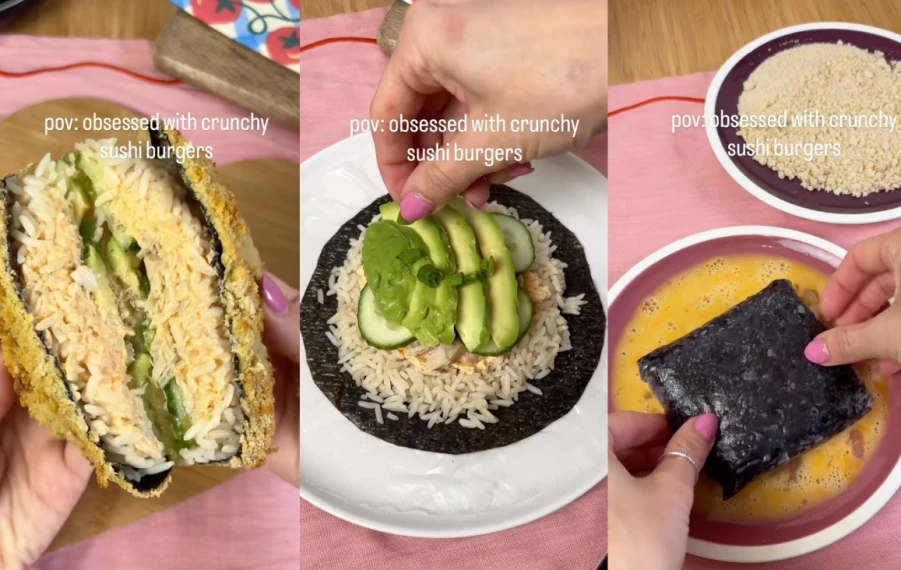 Chrumkavý sushi burger s ryžovými plackami, lososom, avokádom a nori, podávaný na tanieri ako trendy virálny recept