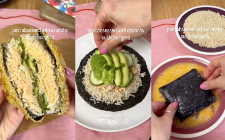 Chrumkavý sushi burger s ryžovými plackami, lososom, avokádom a nori, podávaný na tanieri ako trendy virálny recept