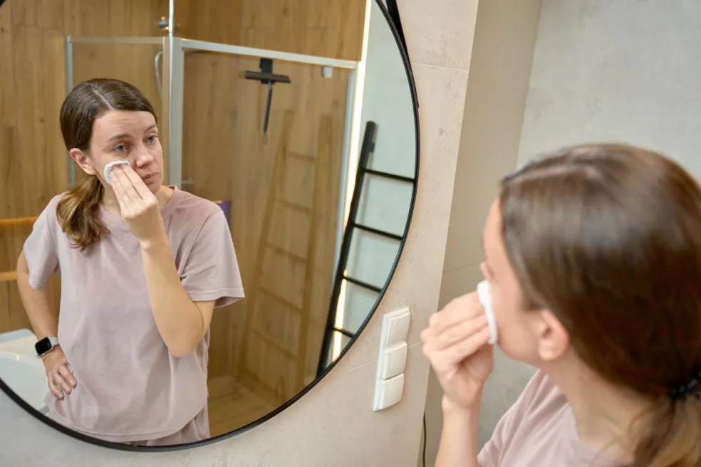 Žena si večer odličovacím tampónom odstraňuje make-up a SPF