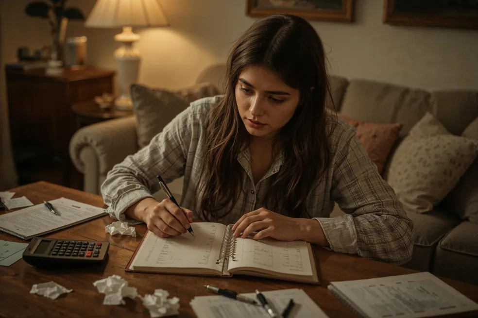 Žena si pri notebooku a kalkulačke zapisuje výdavky do nákupného denníka