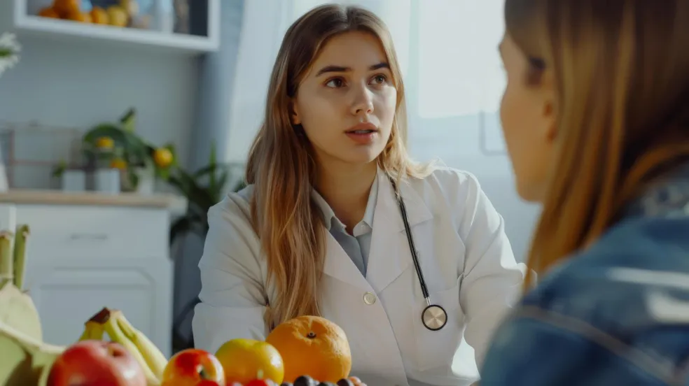 Nutričná terapeutka konzultuje s pacientkou zdravý a vyvážený stravovací plán