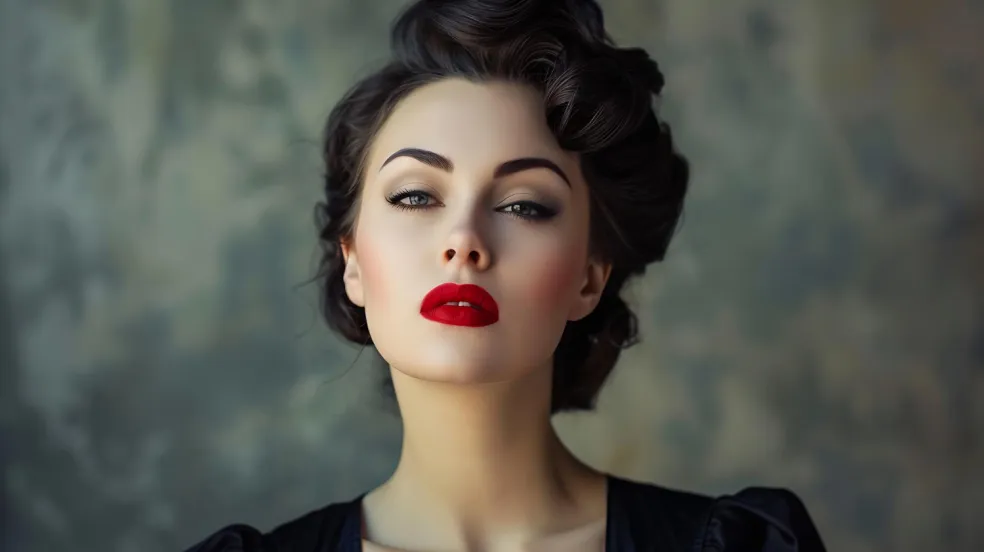 Žena v retro štýle s červenými perami pózuje v interiéri inšpirovanom hollywoodskym glamour štýlom