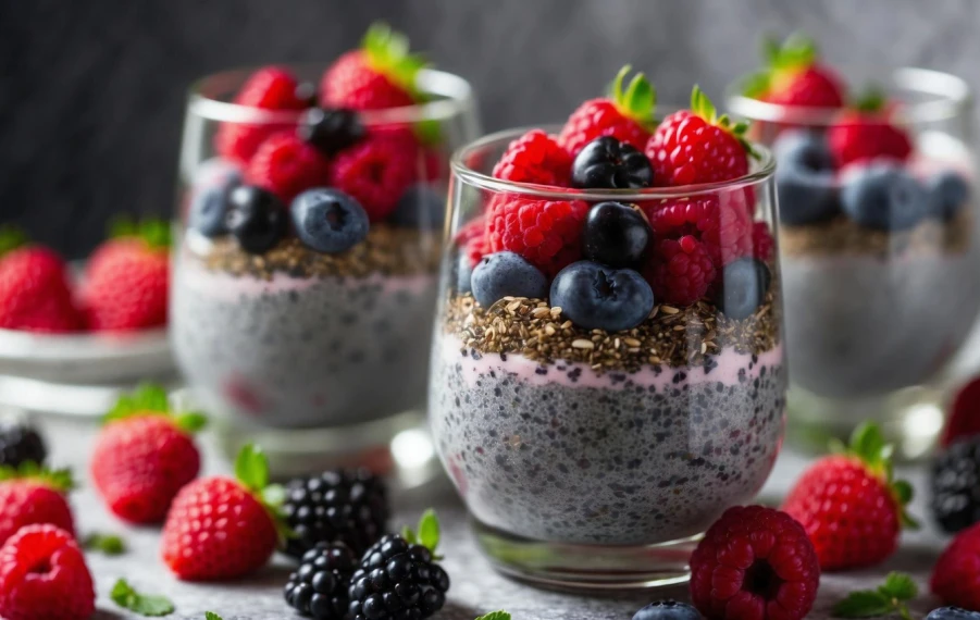 Chia puding s krémovým jogurtom, malinami, jahodami a čučoriedkami