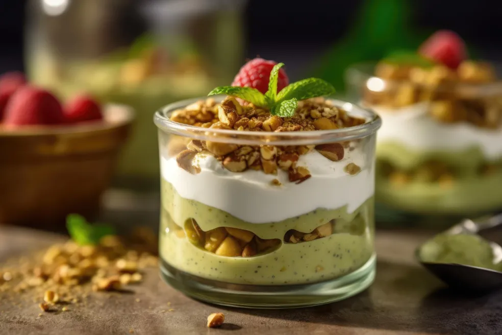 pistáciový cheesecake pohár s nasekanými pistáciami