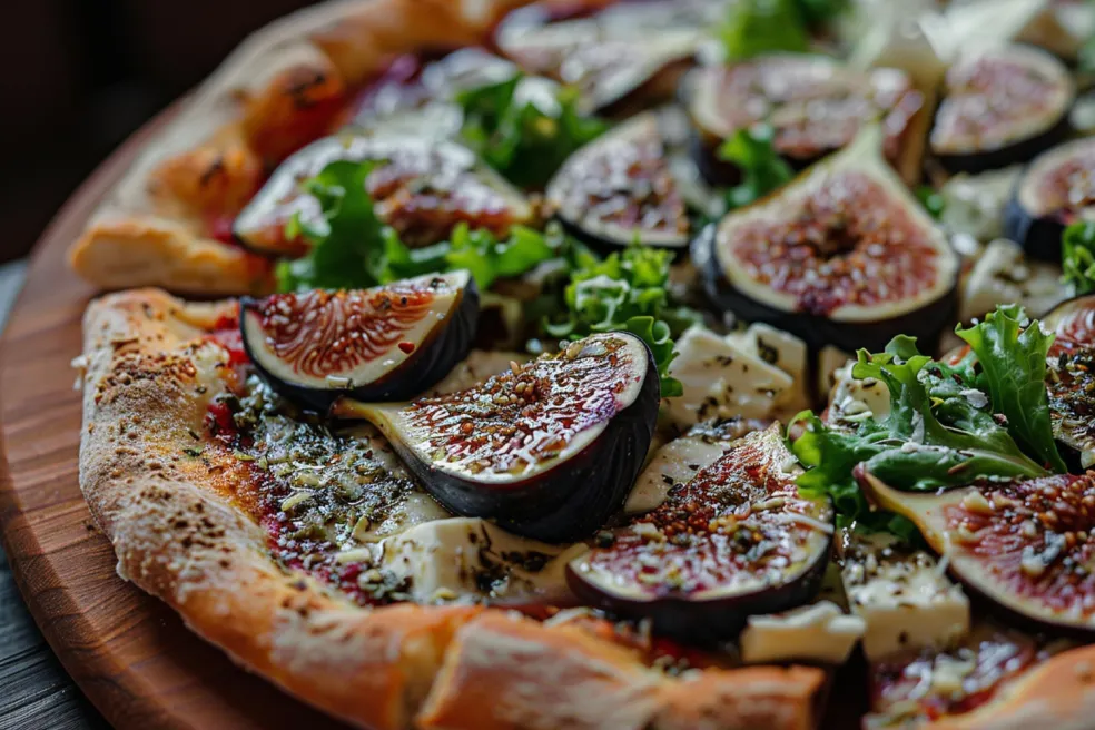 biela pizza s čerstvými figami, kozím syrom a rukolou