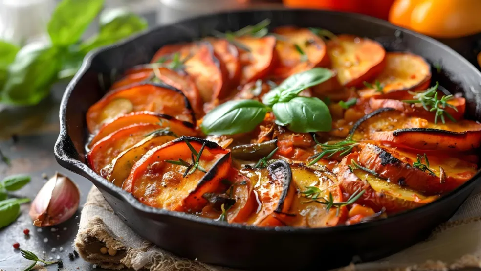 ratatouille z baklažánu, cukety, papriky a paradajok v hrnci