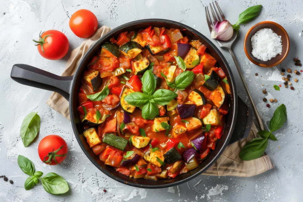 ratatouille z baklažánu, cukety, papriky a paradajok v hrnci