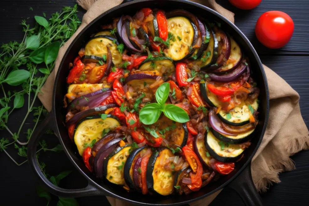 ratatouille z baklažánu, cukety, papriky a paradajok v hrnci