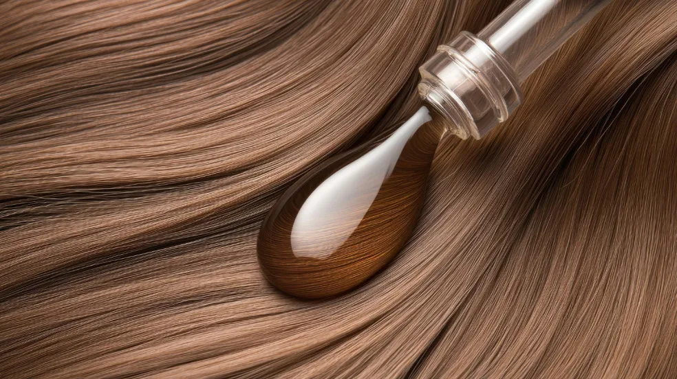 hair gloss na dlhých hnedých vlasoch s výrazným leskom