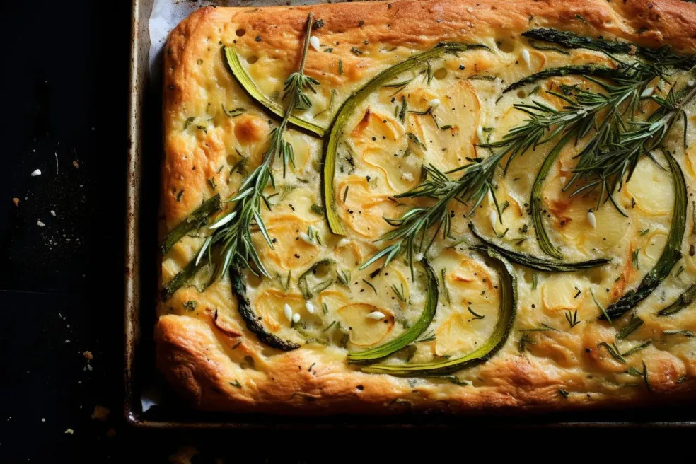 zeleninová focaccia s olivovým olejom, špargľou a rozmarínom