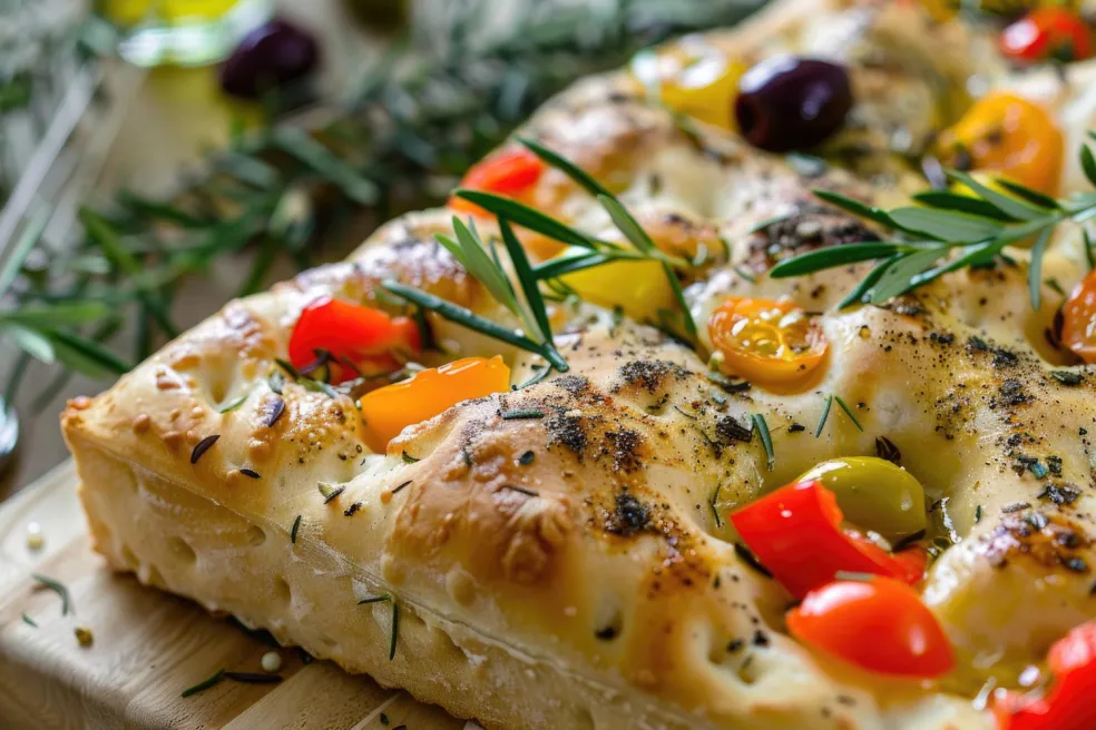 focaccia s cherry paradajkami olivami, paprikou a rozmarínom