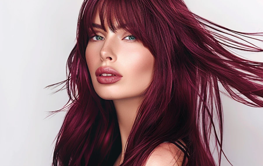 cherry cola vlasy s tmavou brunetovou základňou a čerešňovými odleskami
