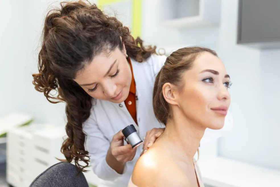 Dermatológ vyšetruje žene biele škvrny na koži po opaľovaní