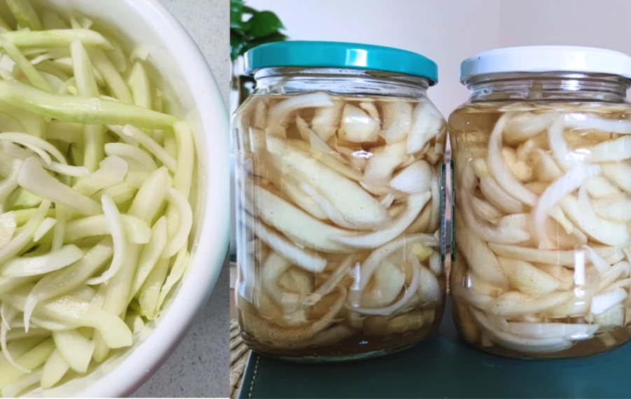 Zavárané rusle z prerastených uhoriek a cibule
