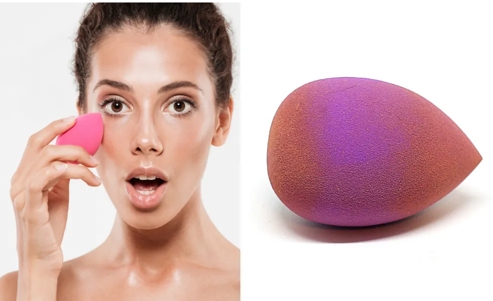 Prekvapená žena držiaca v ruke špinavú hubku na make-up