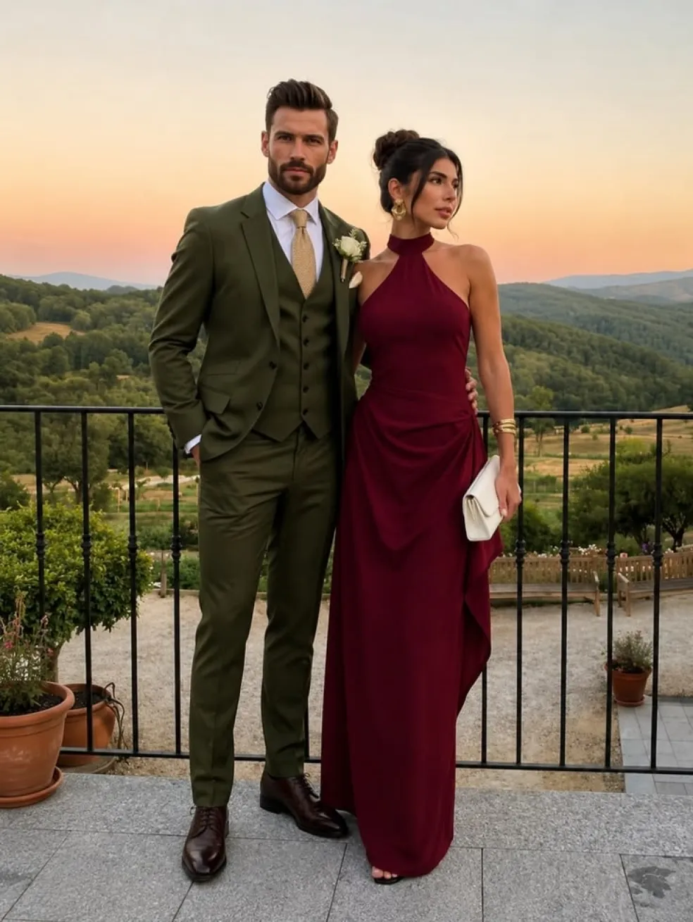 Pár vo formálnom outfite na svadbu – muž v elegantnom obleku a žena v dlhých bordových šatách