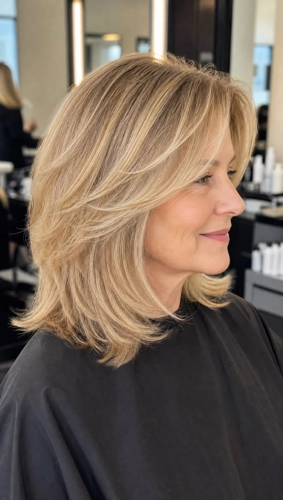 Žena po 40-ke s blond vlasmi po plecia, jemným vrstvením a objemným strihom rámujúcim tvár