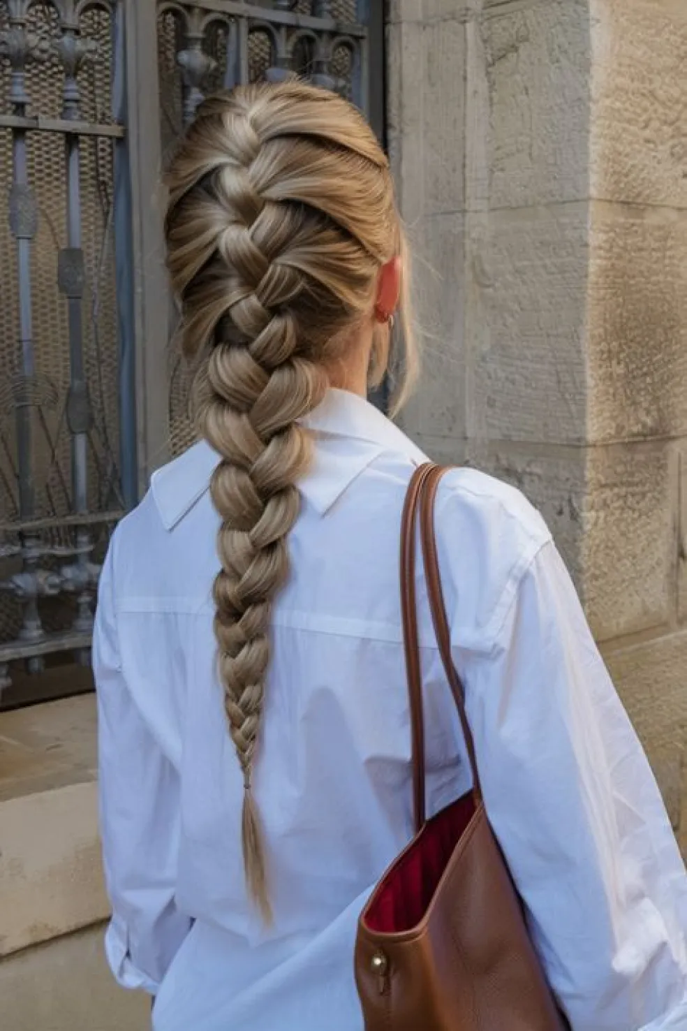 Žena s dlhými blond vlasmi zapletenými do voľného francúzskeho vrkoča