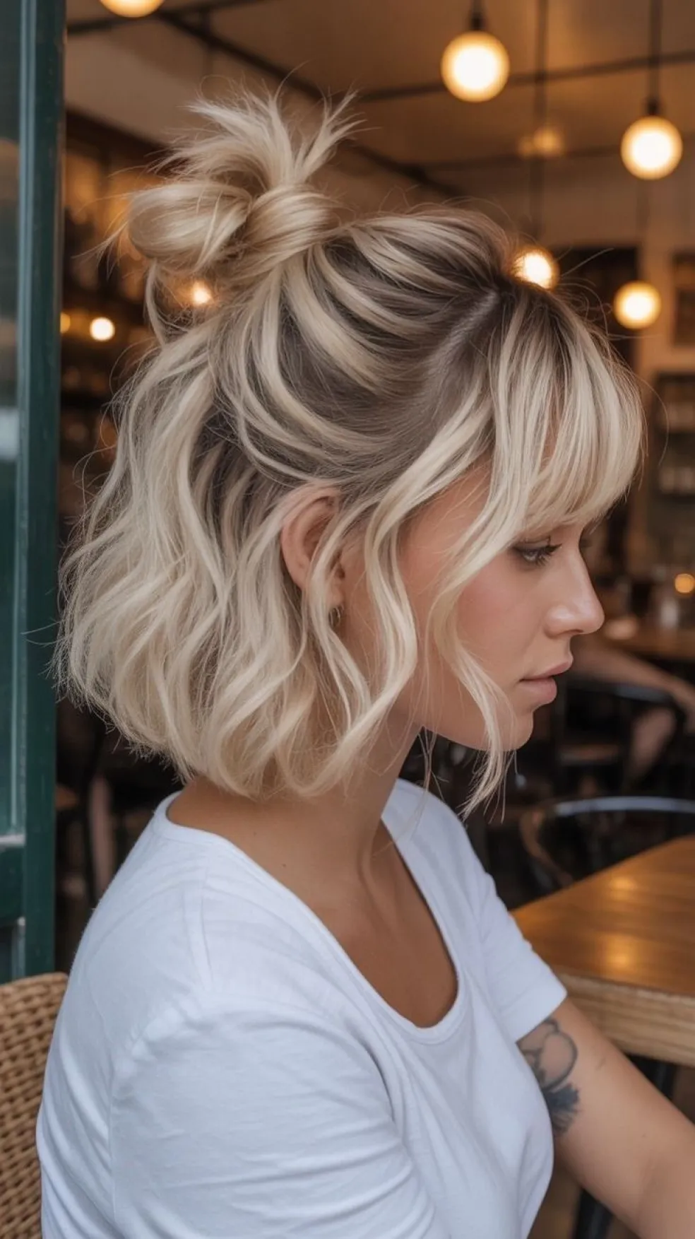 Žena s krátkymi blond vlasmi upravenými do vĺn a ležérneho polodrdola