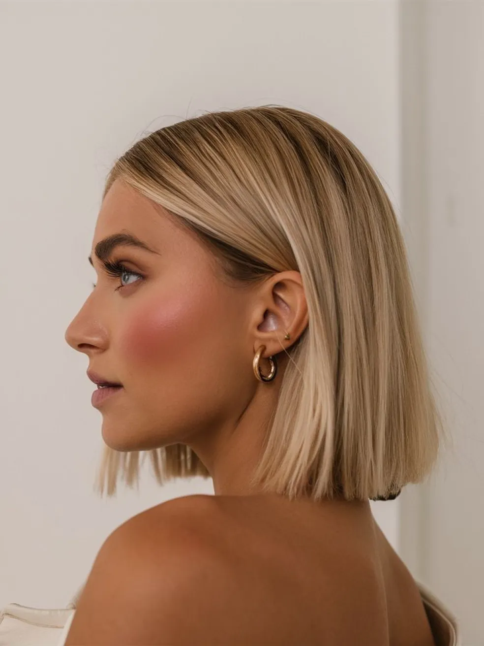 Žena s hladkým rovným blond bobom s cestičkou na boku