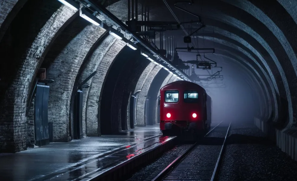 Vlak prechádzajúci tmavým tunelom ako symbol neistoty a cesty do neznáma v sne