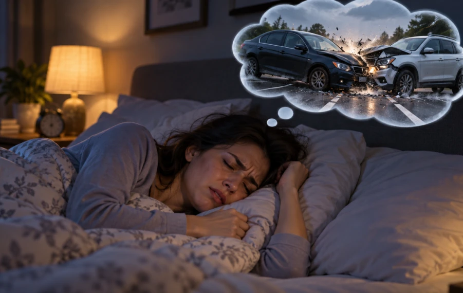 Rozbité auto po dopravnej nehode na ceste v noci a snívajúca žena