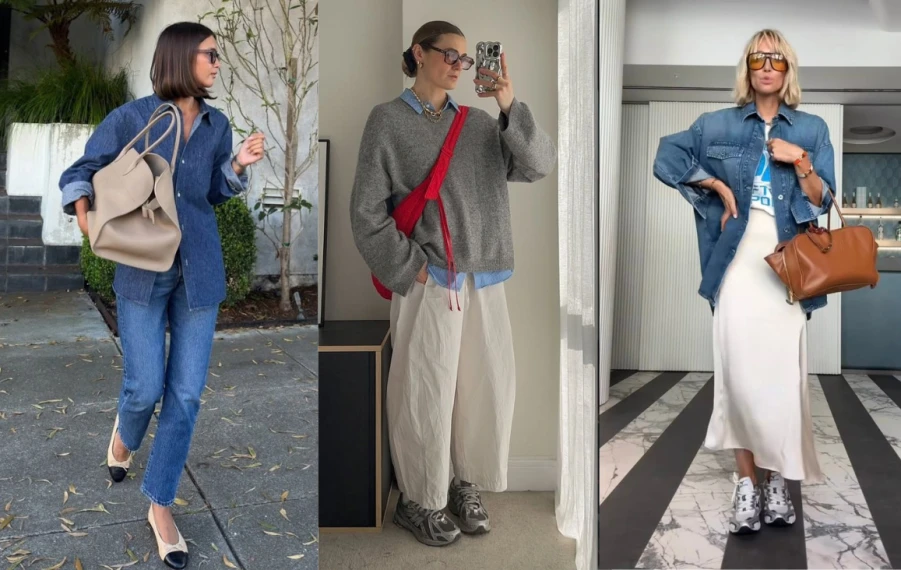 Ženy v svetlomodrej džínsovej košeli v troch stylingoch
