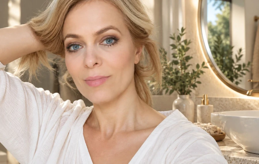 Jana Hospodárová s rukou vo vlasoch vo svetlej kúpeľni so zrkadlom