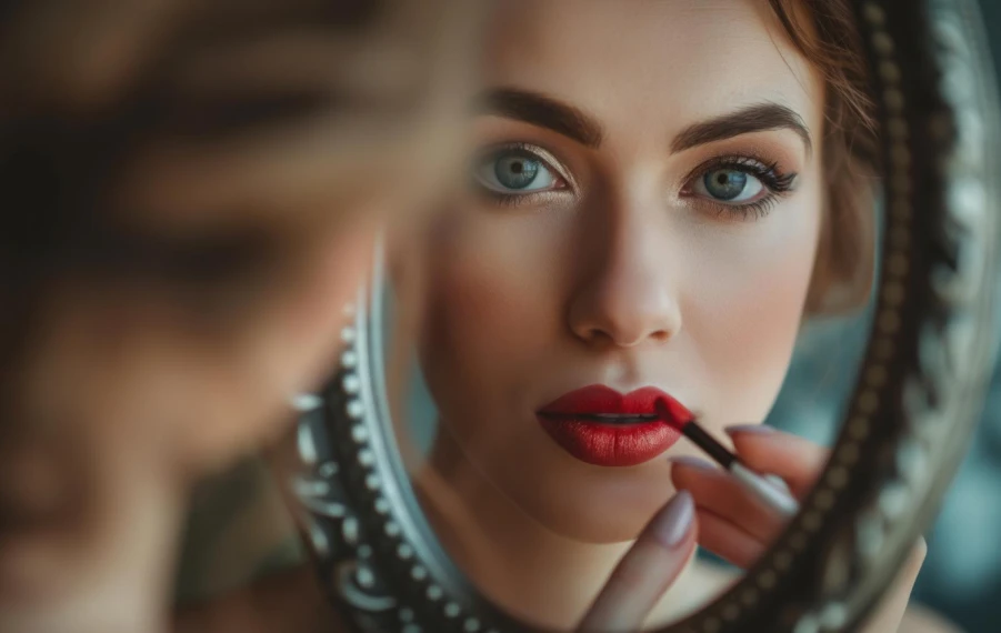 Žena nanáša sýtočervený rúž štetcom na pery pred zrkadlom pri dennom svetle