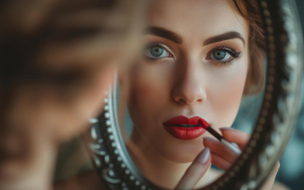 Žena nanáša sýtočervený rúž štetcom na pery pred zrkadlom pri dennom svetle