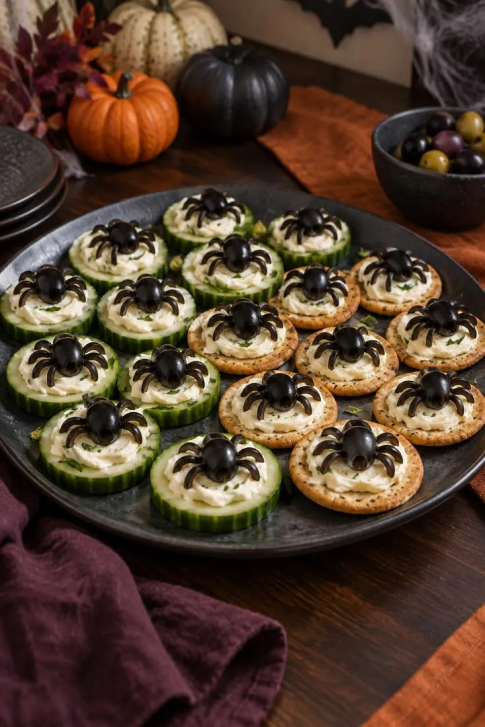 Halloweenske slané jednohubky s krémovou syrovou nátierkou a pavúčikmi z čiernych olív na okrúhlych krekroch a plátkoch uhorky