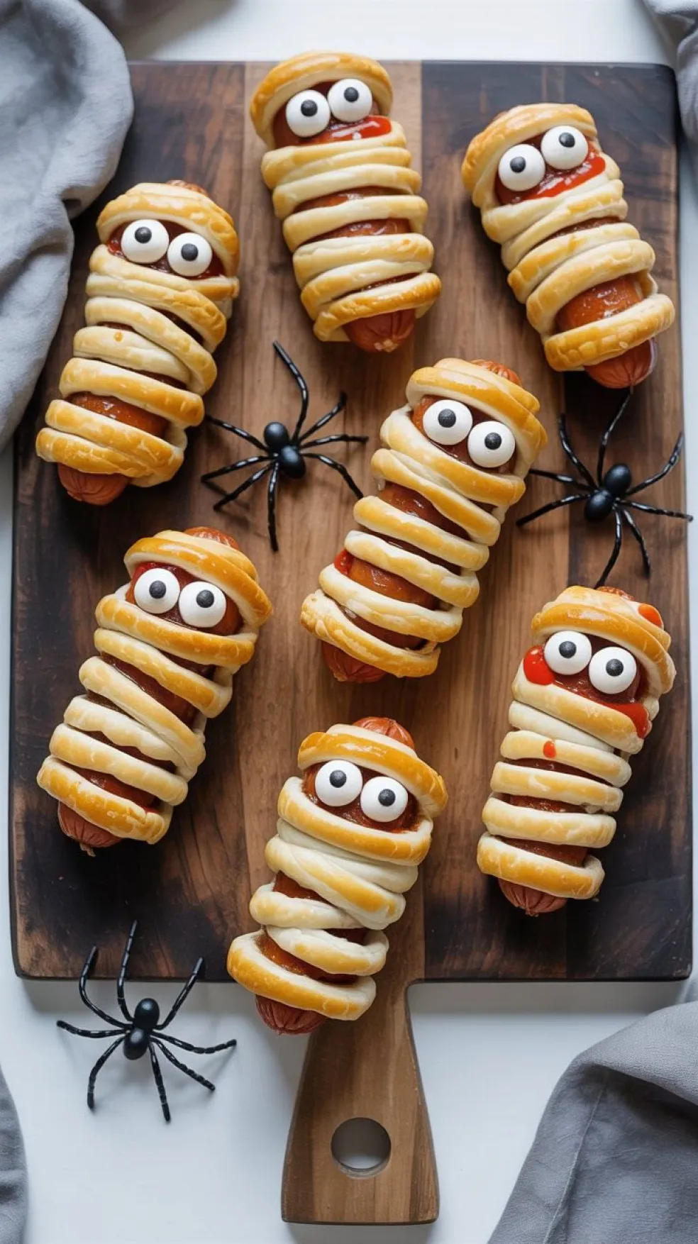 Halloweenske párkové múmie z lístkového cesta ozdobené cukrovými očami a kečupom, servírované na drevenej doske s dekoratívnymi pavúkmi